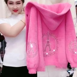 Autumn And Winter New Warm Solid Color Thick Hooded Imitation Mink Fur Coat With Rhinestone And Fur Collar Women's Top Cardigan