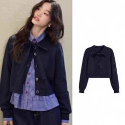 Dark Blue Knitted Sweater with Bow Design Open Cardigan Short Outerwear for Women Early Autumn Winter New Style Korean Version