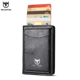 Bullcaptain Credit Card Holder Men Wallet RFID Blocking Protected Aluminium Box Leather Wallets with Money Clip Card Holder