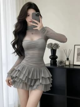 plus Size Sexy Chic Black High Collar Mesh Splice Short Dress Atmosphere Sensation Spicy Girl Dress High Waist A-Line Skirt