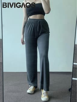 Women Spring Summer Thin Modal Wide Leg Pants Elastic Drawstring Stretch Drape Gray High Waist Casual Pants Dance Fitness Pants