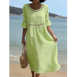 Hollow-out Solid Cotton Linen A-Line Dress Woman O Neck High Waist Loose Dresses Summer Flare Sleeve Beach Vacation Dress