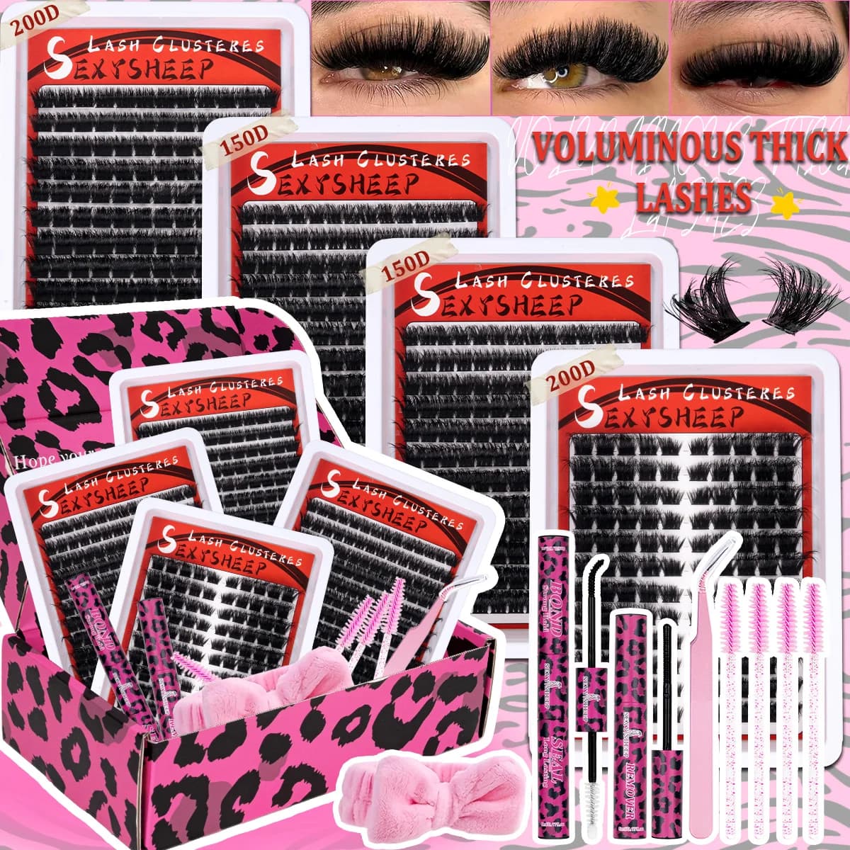 DIY Individual Eyelash Extension Kit Thick Volume Lash Clusters D Curl with Bond and Seal Tweezers Halloween Christmas Gift