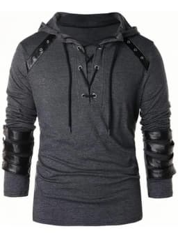 Men's Knight Drawstring Lace Up Pullover Hoodie Steampunk Long Sleeve Hooded Sweatshirt Black, Gothic Victorian Style