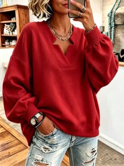 Women's Autumn Winter V-neck Loose Comfortable Ribbed Cuffs Hoodies Sweatshirt  Solid Color Loose Fitting Pullover Hoodie