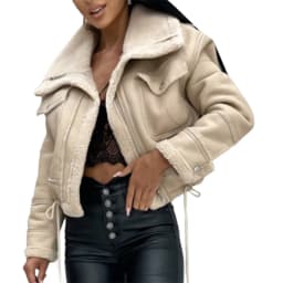 Women PU Patchwork Warm Plush Jacket Fashion Winter Long Sleeve Zipper Short Coats Streetwear with Pockets Outwear