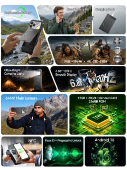 Rugged Smartphone Android 16 Cubot KingKong Dura, Up to 32GB RAM +256GB ROM, 6.88-Inch 120Hz Screen, IP68&IP69&MIL-STD-810H, NFC