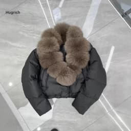 Women's Short Puffer Jacket with Large Faux Fox Fur Collar Thick Warm Down Coat Winter Loose Fit Solid Color Outerwear Fashion