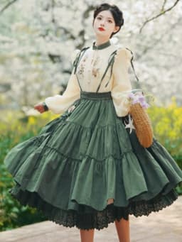 Chinese Lolita Style Spring Summer Long Midi Suspender Skirt Women Teen Girls Cute High Waist A-Line Lace Ruffle Skirts Pleated
