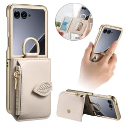 Luxury Zipper Leaf Magnetic Ring Holder Mirror Cards Solt Leather Phone case For Motorola Razr 60 50 Ultra Shockproof Cover