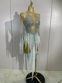Sexy Mesh See Through Sparkly Rhinestone Tassel Long Sleeves Mini Dress 2026 Women Latin Dance Nightclub Party Club Stage Wear