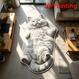 VIKAMA Lying Fluffy White Cat Shaped Doormat 2D Painting Flannel Non Slip Waterproof Floor Mat Bedroom Animal Decor Rug