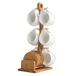 Simple Ceramic Tea Pot Set 190ml Tea Cup, Coffee Cup, Three-dimensional Bamboo and Wood Support, Striped Anti-skid Coaster