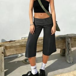 Womens Striped Fold Over Lounge Capri Pants Low Rise Wide Leg Gaucho Pants Yoga Culottes Casual Foldover Bottoms