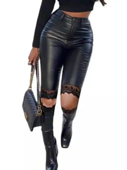 Women's New Elastic Small Leg PU Leather Pants Series Black Mesh Lace Pu Sexy Women Trousers 2025 New Fashion Pants M4MG