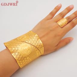 France Luxury Chain Cuff Bangle & Ring For Women Dubai Gold Color Indian Moroccan Big Bracelet Jewelry Arabic African Wedding