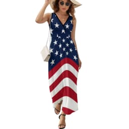 American Flag Dress Patriotic Flag Star Design Boho Beach Long Dresses V Neck Print Maxi Dress Korean Fashion Clothes Oversize