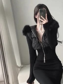Chic Knitted Patchwork Double Zipper Short Jacket Women's Small Size Waist Cinching Slimming Faux Fur Collar Cotton Coat Trendy