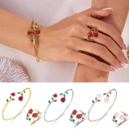 Retro Red Rose Flower Bracelet Ring Set For Women Vintage Drip Oil Open Adjustable Cuff Bangle Finger Ring Party Wedding Jewelry