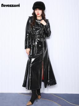 Nerazzurri Autumn Long Fitted Reflective Shiny Soft Stretchy Black Patent Faux Leather Biker Coat Women Zipper European Fashion