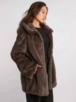 IG Women Brown Hooded Single Button Mid-Length Faux Fur Coat, Side Pockets, Winter Warm Vintage Elegant Commute Outerwear