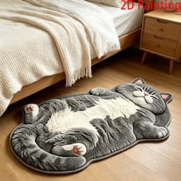 VIKAMA Lying Fluffy White Cat Shaped Doormat 2D Painting Flannel Non Slip Waterproof Floor Mat Bedroom Animal Decor Rug