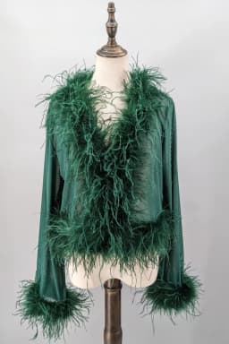Women See-Through Top with Real Ostrich Feather Brown Black Cropped Jacket Top Bolero 240711