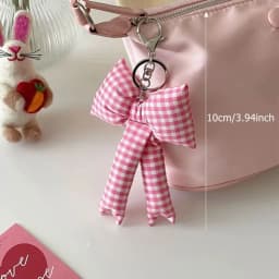 Y2K Pink Puff Grid Bowknot Bag Charms Keychain Trendy 3D Bowknot Keyring Pink Blue Plaid Bow Handbag Pendant Fashion Accessories