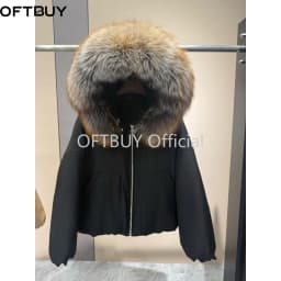 OFTBUY Real Fox Fur Collar Goose Down Jacket Women Cropped Hooded Coat Winter Warm Zipper Natural Fox Fur Thick Outerwear