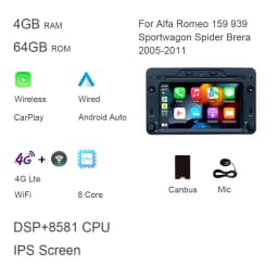 7" "CarPlay Android 13.0 8G+128G GPS Car Radio Player Wifi Multimedia For Alfa Romeo 159 939 Sportwagon Spider Brera 2005-2011
