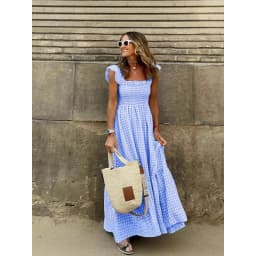Elegant Temperament Plaid Patchwork Slip Boho Dress Summer Ruffle Backless Pleated Elastic Waist Swing Loose Party Dresses