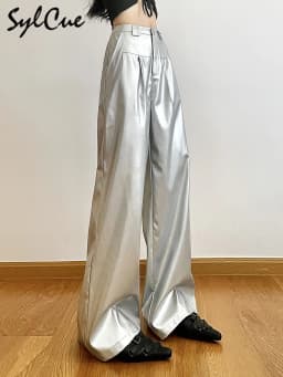 Sylcue Silver Retro Matte Trendy Personalized All-match Casual High Street Cool Confident Casual Women's Autumn Wide Leg Pants