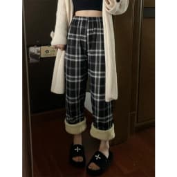 Lamb Velvet Fce Lined Thi Plaid Casual Pants Women's Autumn Winter Loose Straight Leg Wide Leg Cotton Spwear Trousers