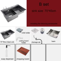 High and Low Kitchen Sink With Knife Holder Cutting Board Rack Stainless Steel Pia Matte Black Sink Vegetable Washing Basin