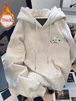 Cute Cat Thick Hoodies Women Fall Winter Warm Loose Long Sleeve Soft Tops Coats Vintage Lady Casual Preppy Style Kawaii Pullover