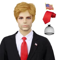 Synthetic 3pc Donald Costume Kit Red Tie Flag Pin Compatible with Pres Donald Wig Halloween Costume for Adults Couples Cosplay