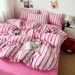 3pcs Simple Pink Striped Duvet Cover Set with 2 Pillowcases Soft Washed Cotton Bedding Set For Girls 150x200cm Bedroom Decor