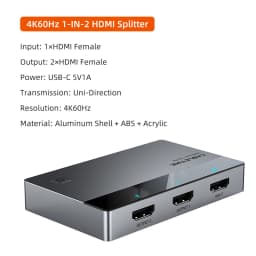 CABLETIME HDMI Splitter 1 IN 2 4K 60Hz LED Light Screen Splitter for HDTV Computer Monitor Switch PS5 Xiaomi Macbook Laptop