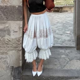 Women Floral Lace Sheer See-through Patchwork Bloomers Casual Loose Drawstring Elastic High Waist Cropped Capri Pants Trousers