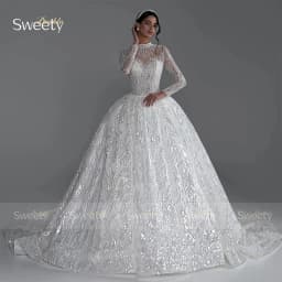 Fully Beaded Wedding Dress Beading With Ball Gown Glitter High-Neck Full Sleeve Customized Bride Dress Button Vestido De Novia