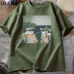 Funny Cool Cat Drinking Beer T-shirt Casual Cotton Short Sleeve T Shirt Man Clothes Harajuku Round Neck Men's Designer Tops
