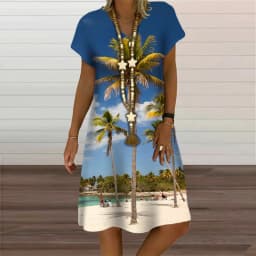 Natural Scenery Summer Tropic Beach Style 3D Print Dresses For Women Oversized Short Sleeve Loose Clothing Casual V-Neck Dress
