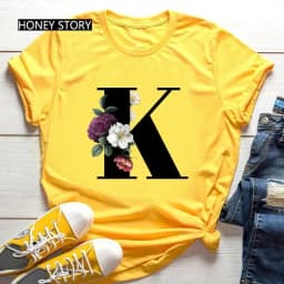 Large Size Yellow T-shirt for Men And Women with Black Fashion Trend Print of Flowers 26 English Letters Casual Short Sleeve Top