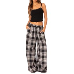 Women's Casual Plaid Print Pants Drawstring Elastic Waist Loose Straight Pants with Pockets Sleep Bottoms Korean Home Wears