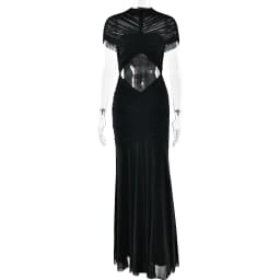 JULISSA MO Patchwork Sexy Hollow Out Sheer Mesh Women Maxi Dress Turtleneck Ruched Dress Spring Slim Elegant Party Evening Dress