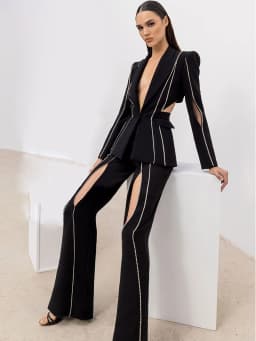 HIGH QUALITY Newest 2025 S/S Designer Suit Set Women's Single Button Hollow Out Diamonds Beaded Lapel Blazer Flare Pants Set