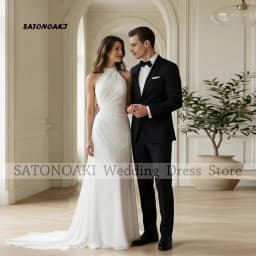 Customized Elegant Halter Mermaid Ivory Chiffon Pleat Wedding Dress for Women Sweep Train Backless Bride Gown Vestidos De Novia