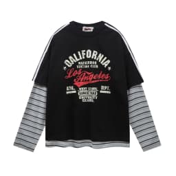 Retro patchwork color blocking casual loose print fake two-piece design sense round neck long sleeved T-shirt for men and women
