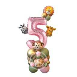 31pcs Wild Animal Pink Balloon Tower with 1-9 Number Balloon for Girl's Wild One Themed Birthday Jungle Safari Party Decoration
