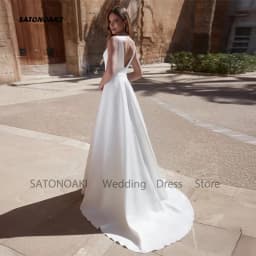 Customized Simple Satin V-neck Wedding Dress for Bride Backless A-line Princess Bridal Gown with Sashes Robe Vestidos De Novia